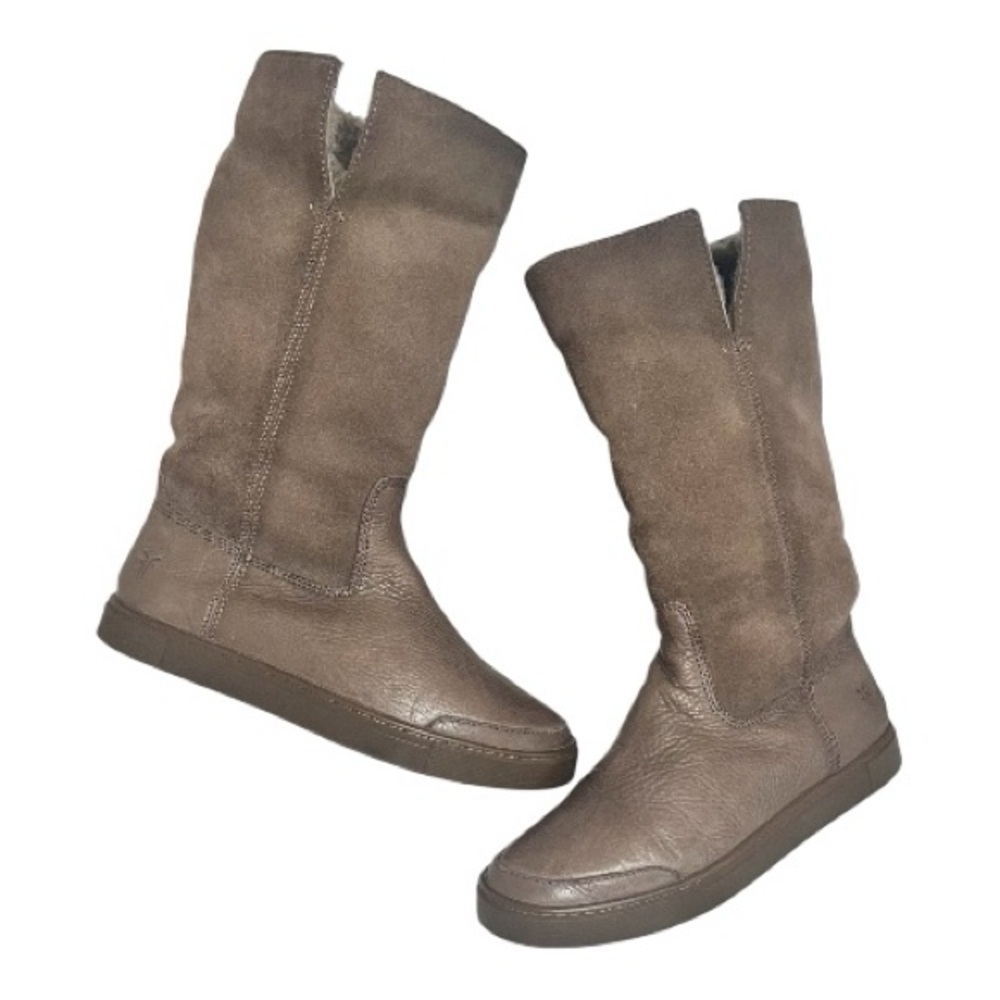 Frye Gemma Tall Shearling Taupe Gray Winter Boots Suede Leather Pull-On 6.5